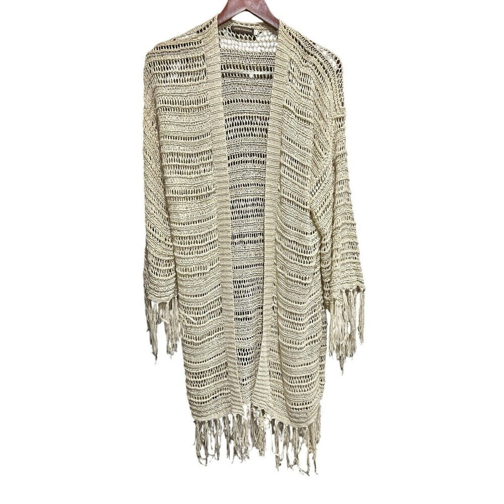 John Fashion Crochet Cardigan Womens XL Beige Long Fringe Details Boho WoolBlend